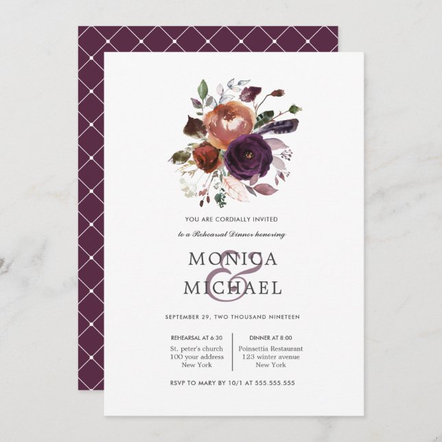 Invitación Pluma Rústica | Flores + plumas Ensayo Cena (Anverso / Reverso)