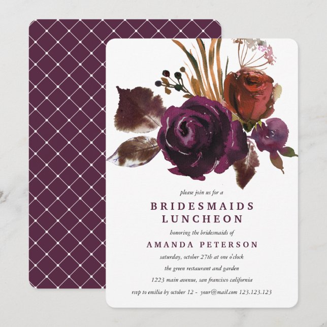 Invitación Pluma Rústica | Rosas Bridesmaids Boda del almuerz (Anverso / Reverso)