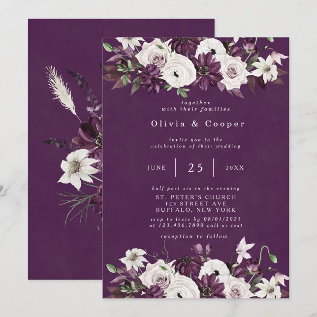 Invitación Pluma y acuarela blanca Floral Elegante Boda (Anverso / Reverso)