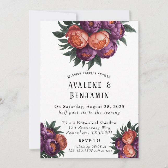 Invitación Pluma y pintura Naranja Peony Bodas Ducha (Anverso)