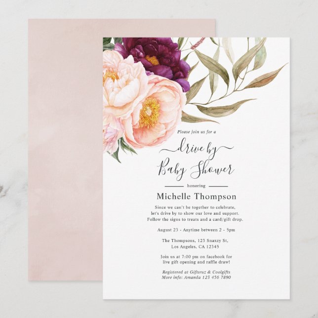 Invitación Pluma y Rubor Floral Drive By Shower (Anverso / Reverso)