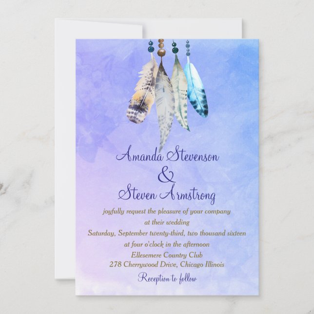Invitación Plumas de Acuarela sobre Boda Morada Azulada (Anverso)