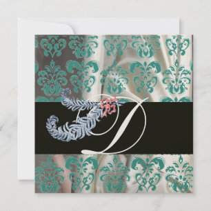 INVITACIÓN PLUMAS DE DIAMANTE BLANCO SEDA AZUL DAMASCO MONOGR