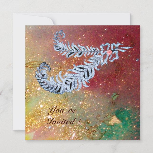 Invitación PLUMAS DE DIAMANTE, chispas marrones amarillas ver (Anverso)