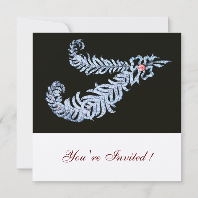 Invitación PLUMAS DE DIAMANTE, CINTA ROSA Boda Blanco Negro (Anverso)