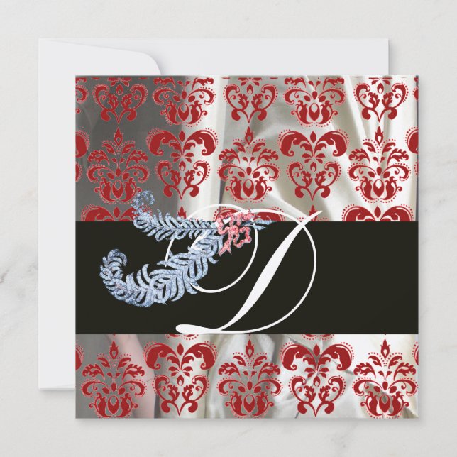 INVITACIÓN PLUMAS DE DIAMANTE ROJO BLANCO DAMASCO DE SEDA MON (Anverso)