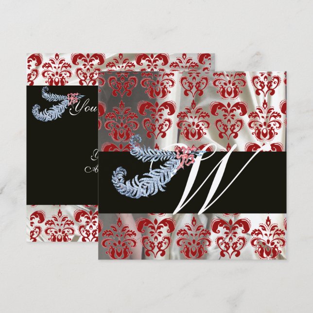 INVITACIÓN PLUMAS DE DIAMANTE ROJO SEDA PLATA DAMASCO MONOGRA (Anverso / Reverso)