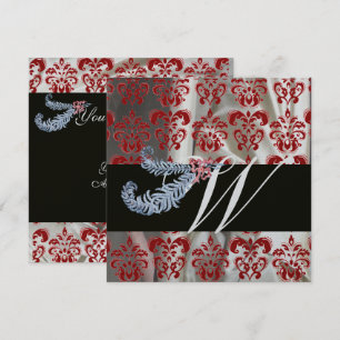 INVITACIÓN PLUMAS DE DIAMANTE ROJO SEDA PLATA DAMASCO MONOGRA