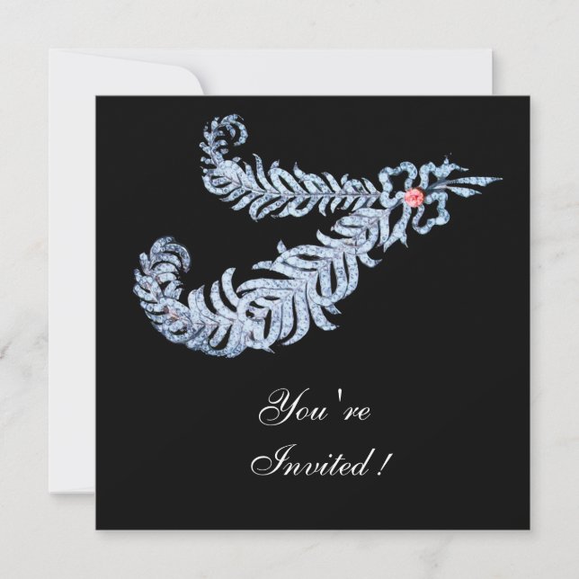 Invitación PLUMAS DE DIAMANTE ROSA GEM Blanco Negro Boda (Anverso)