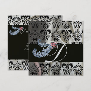 INVITACIÓN PLUMAS DE DIAMANTE SEDA DAMASCO NEGRO PLATEADO MON