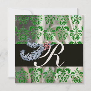 INVITACIÓN PLUMAS DE DIAMANTE VERDE ORO SEDA DAMASCO MONOGRAM
