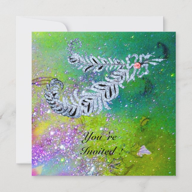 Invitación PLUMAS DE DIAMANTE , verde purpura destellos dorad (Anverso)