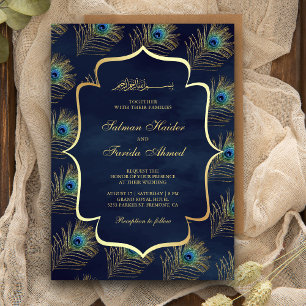 Invitación Plumas de pavo real azul marino Boda musulmana