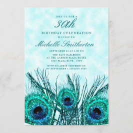 Invitación Plumas de pavo real azul turquesa brillantes 30º
