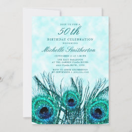 Invitación Plumas de pavo real azul turquesa brillantes 50º