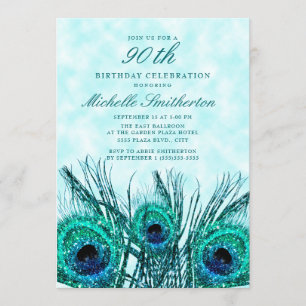 Invitación Plumas de pavo real azul turquesa brillantes Cumpl