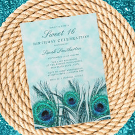 Invitación Plumas de pavo real azul turquesa brillantes Sweet