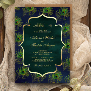 Invitación Plumas de pavo real azul verde Boda musulmana