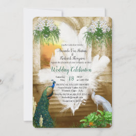 Invitación Plumas de pavo real blanco de oro