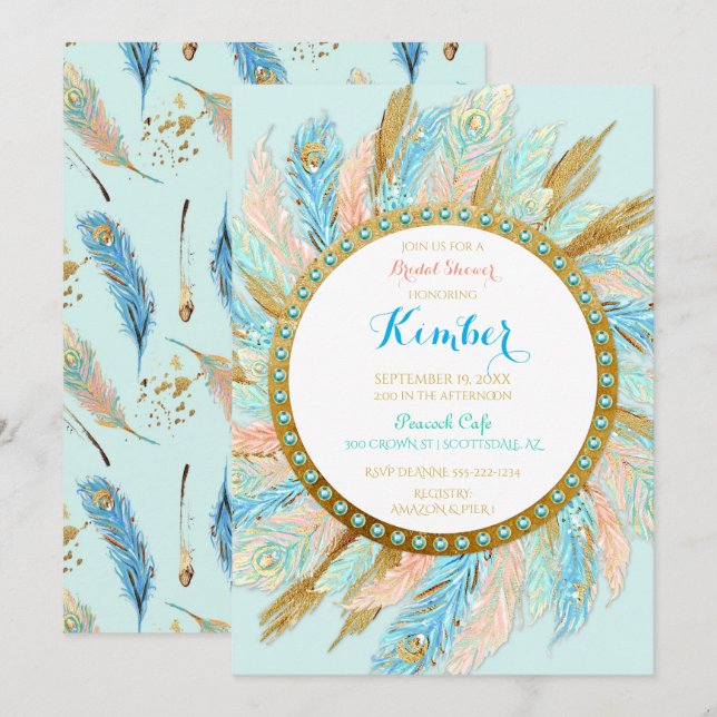 Invitación Plumas de pavo real boho menta melocotón dorado tu (Anverso / Reverso)