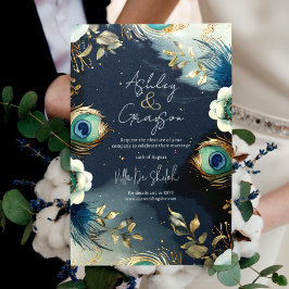 Invitación Plumas de Pavo Real Celestial Boda Elegante