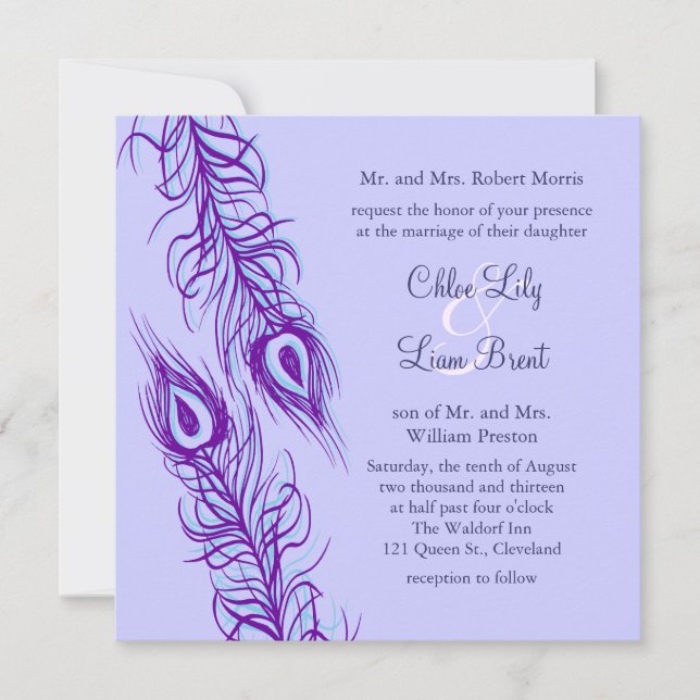 Invitación Plumas de Pavo Real de Dos en Uno (Anverso)
