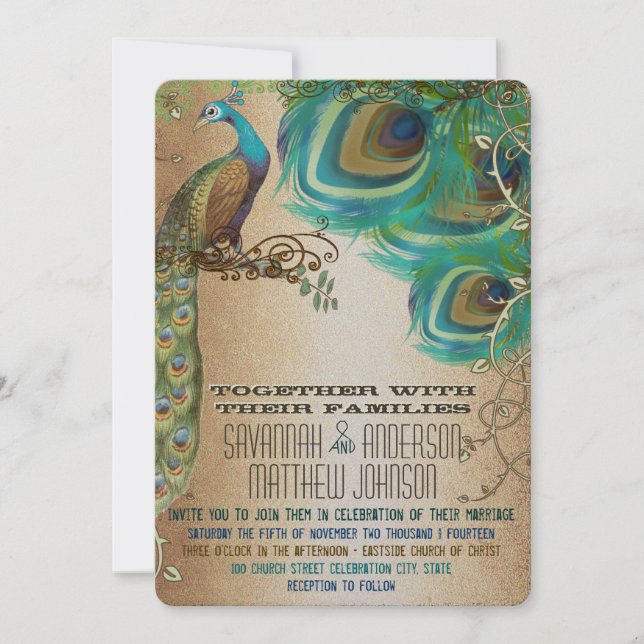 Invitación Plumas de Pavo Real Doradas (Anverso)