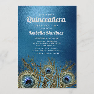Invitación Plumas de pavo real doradas azules brillantes Quin