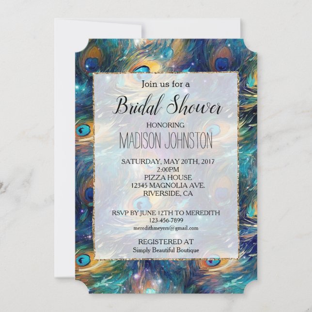 Invitación Plumas de pavo real doradas turquesa acuática (Anverso)
