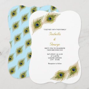 Invitación Plumas de Pavo Real en Boda Azul Claro y Blanco