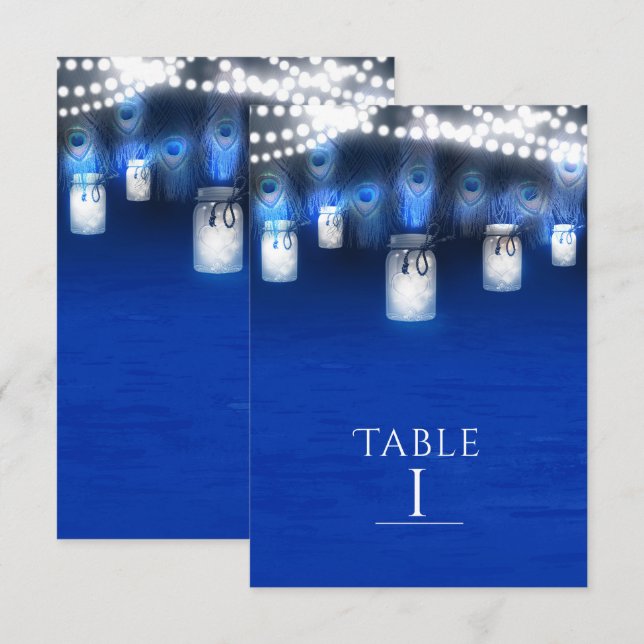 Invitación Plumas de pavo real, frasco de Mason y luces númer (Anverso / Reverso)