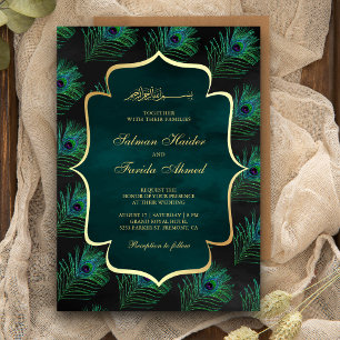 Invitación Plumas de pavo real negro teal Boda musulmana