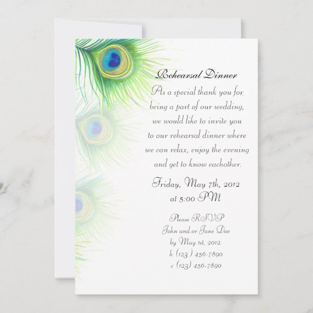 Invitación Plumas de pavo real pintadas a mano para cena de e (Anverso)