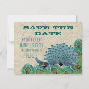 Invitación Plumas de pavo real vintage para salvar la fecha