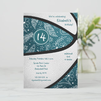 Invitación plumas florales boho de color azul verde estampado
