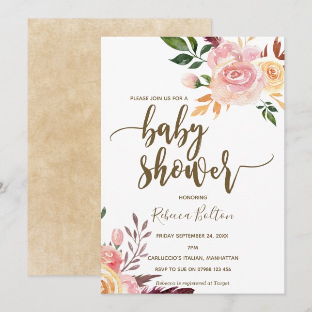Invitación plumas florales de boho ducha de bebé moderna invi (Anverso / Reverso)