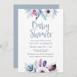 Invitación plumas florales moradas azules invitadas por Baby 