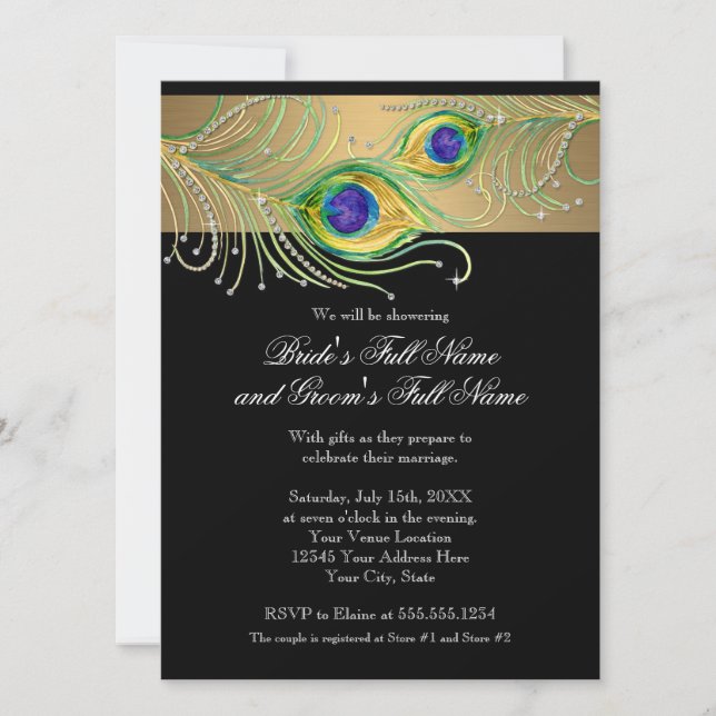 Invitación Plumas Modernas de Pavo Real Falso Círculo de Joya (Anverso)