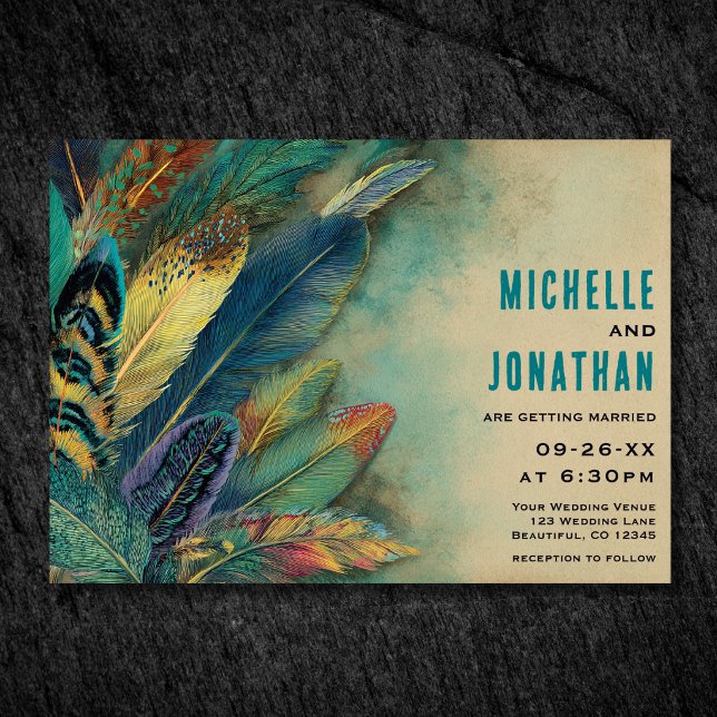 Invitación Plumas terrosas boho | Boda turquesa teal (Earthy Boho Feathers  Turquoise Teal Wedding Invitation Front)
