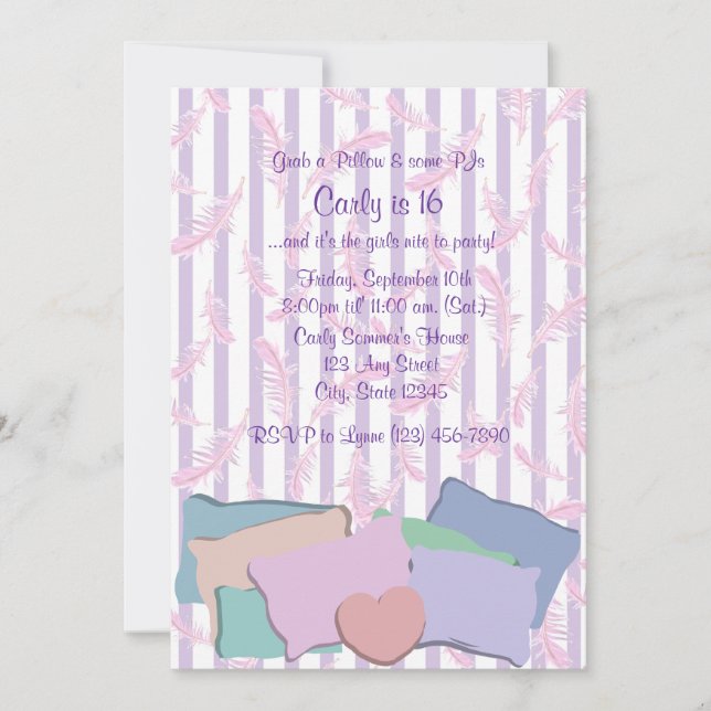 Invitación Plumas y almohadas/ Cumpleaños (Anverso)