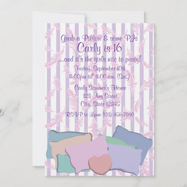 Invitación Plumas y almohadas/ Cumpleaños (Anverso)
