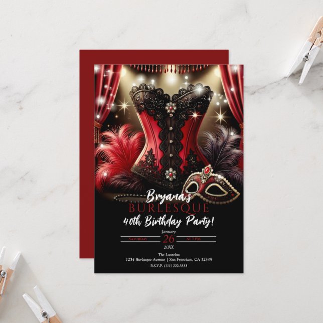 Invitación Plumas y corsé de burlesque, fiesta de cumpleaños  (Anverso/Reverso In Situ)