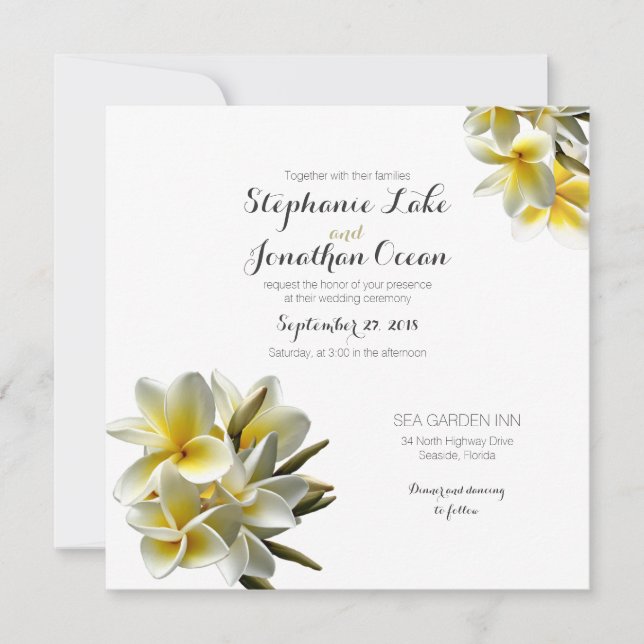 Invitación Plumeria blanca amarilla Boda hawaiano (Anverso)