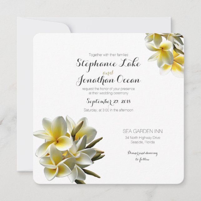 Invitación Plumeria blanca amarilla Boda hawaiano (Anverso)