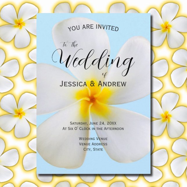 Invitación Plumeria blanca en Boda azul, tropical, floral (Subido por el creador)