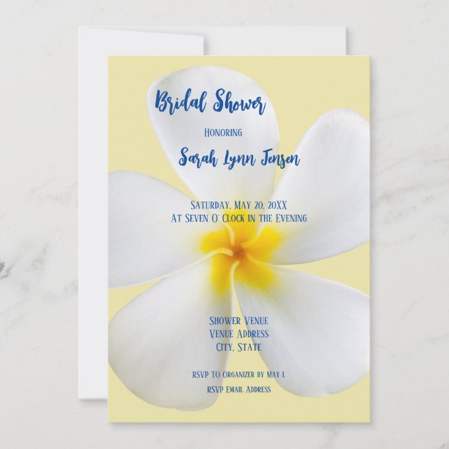 Invitación Plumeria blanca en ducha amarilla, floral, novia (Anverso)