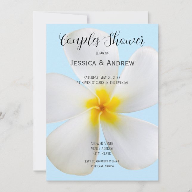 Invitación Plumeria blanca en ducha azul, floral, de parejas (Anverso)