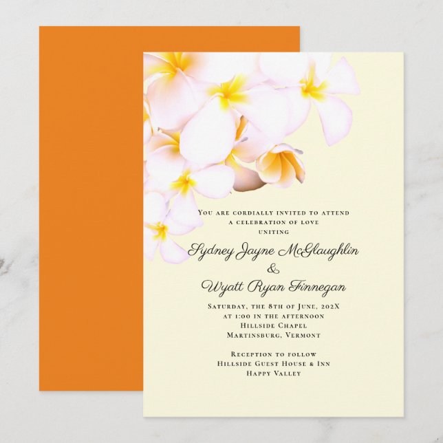 Invitación Plumeria moderna de flores hawaianas Boda amarillo (Anverso / Reverso)