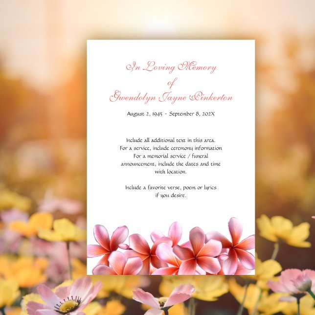 Invitación Plumeria Pink Floral Memorial Funeral Funeral Serv (Subido por el creador)