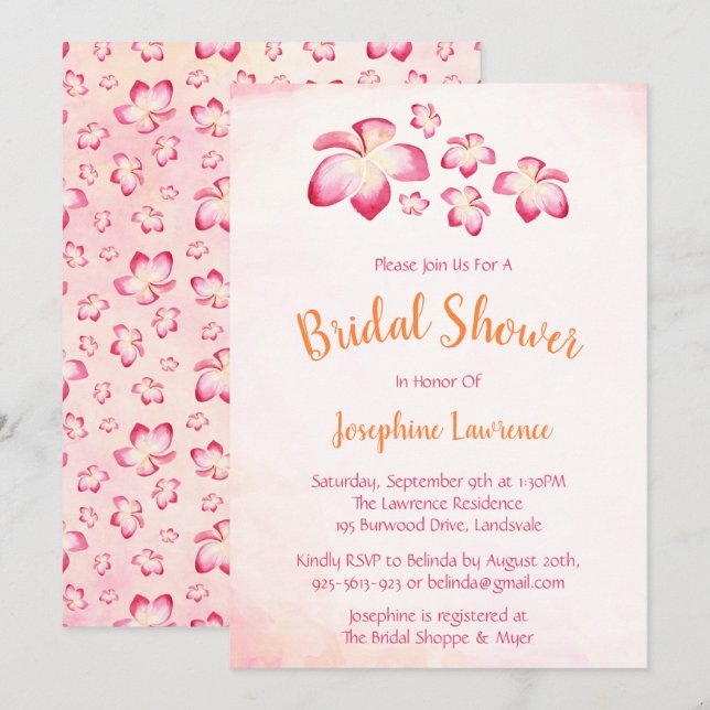 Invitación Plumeria rosa de la ducha tropical de novia (Anverso / Reverso)